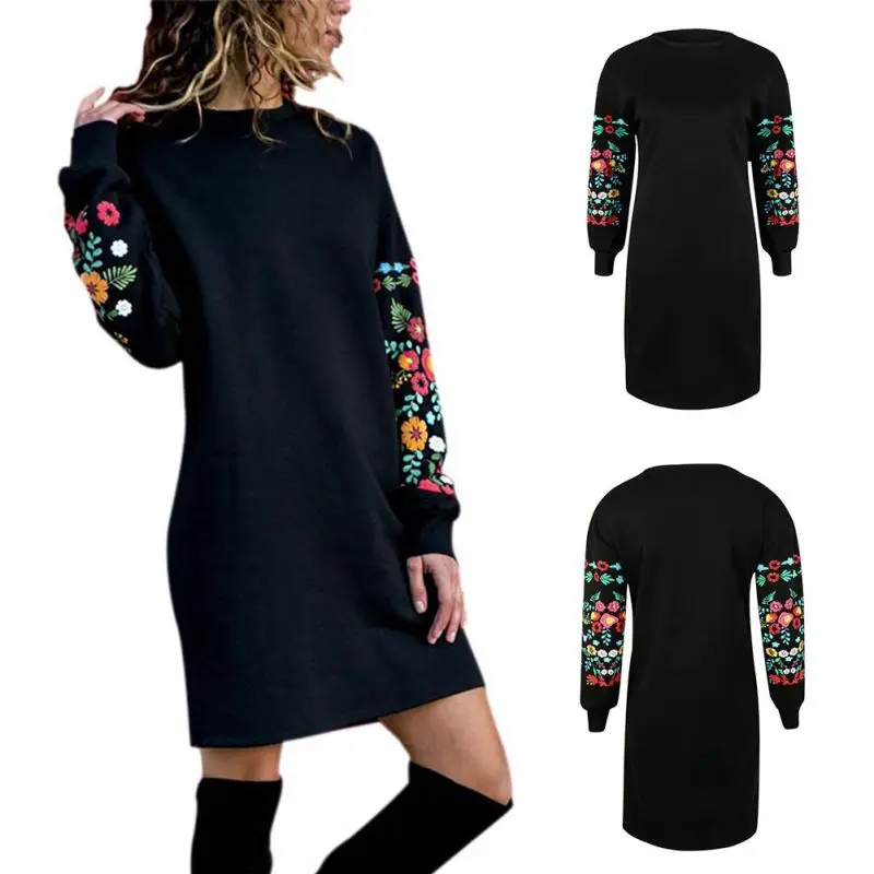 Women Sexy Print Flower Autumn Winter O-Neck Plus Size Loose Long Sleeve Slim Stretch Dress | Женская одежда