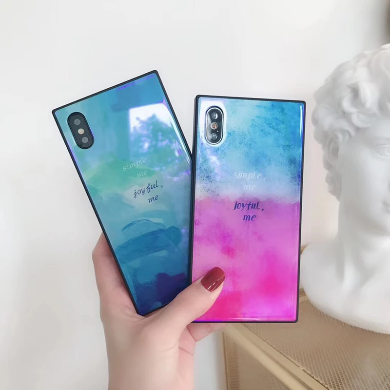 Для iphone 7 8 Blue Ray Стекло квадратный чехол для телефона X 6 плюс Роскошный Глянцевый