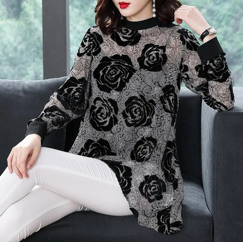 

2019 Spring Summer New Ladies Blouse Tops Retro Gothic Stand Collar Silk Long Sleeve Irregular Long Chiffon Shirt Rose Pattern