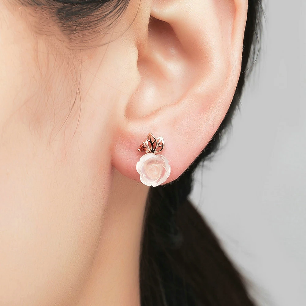 Fine Jewelry Stud Earrings Sterling Silver 925 Natural Pink Rose Quartz Gemstone For Women Flower Romantic Bijoux CCEI015 | Украшения и
