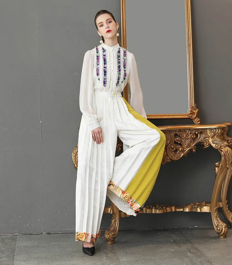 VOA тяжелый шелк Boho Белый Палаццо широкие брюки женские длинные брюки плюс размер свободный крой, повседневный пляжный офисный формальный Высокая талия K382