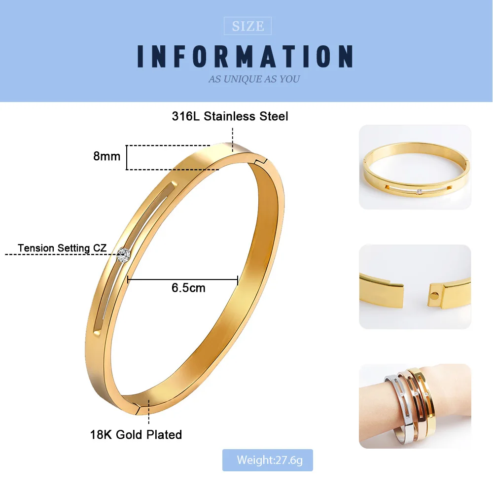 New FINE4U B047 316L Stainless Steel Cuff Bracelet For Women Tension Setting CZ Bracelets& Bangles 3 Colors Choices