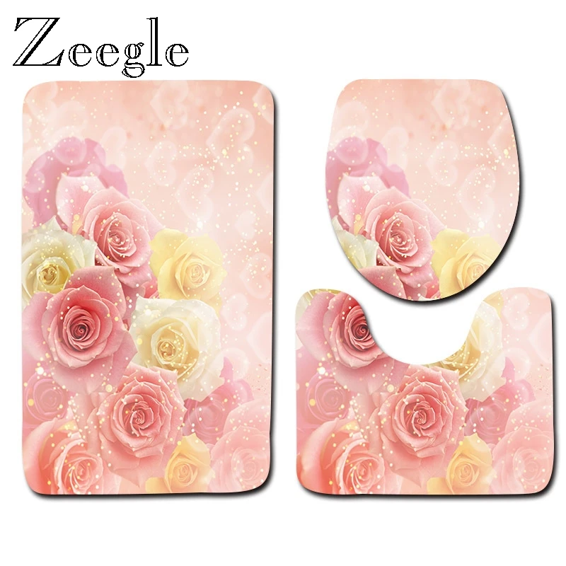 

Zeegle 3pcs Toilet Bath Mats Set Rose Pattern Flanne Bathroom Rugs Set Non-slip Mats Bathroom Floor Rugs Toilet Lid Cover Rugs