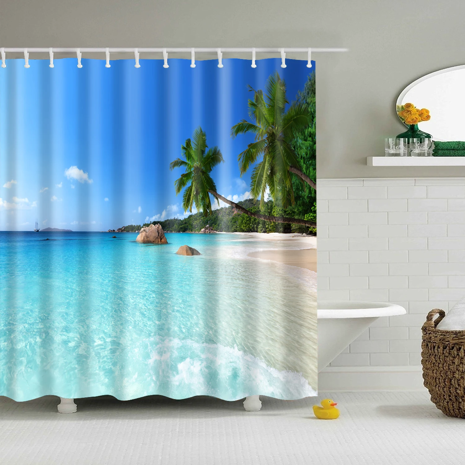 Blue Sky sea Landscape False window Shower Curtain wash Bathroom shower Waterproof Mildewproof Decor with hooks 180x200 cm large