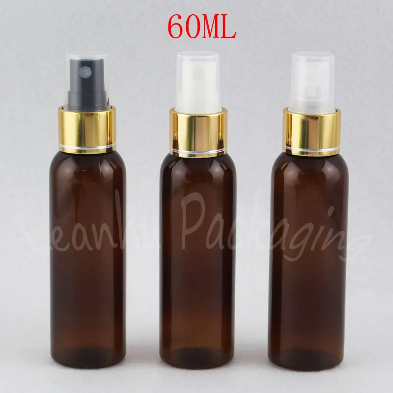 

60ML Brown Round Shoulder Plastic Bottle With Gold Spray Pump , 60CC Empty Cosmetic Container , Toner / Water Packaging Bottle