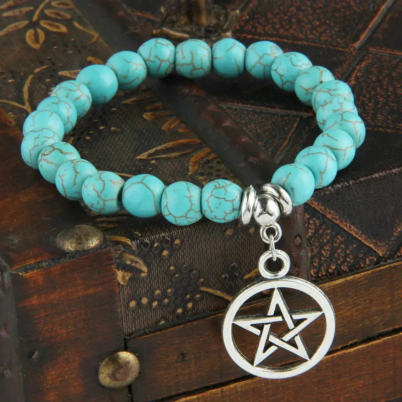 Exquisite Pentagram Star Charms Bracelet Natural Stone Blue Beads Chain Bangle Family Friends Bracelets Women Men Jewelry Gifts | Украшения