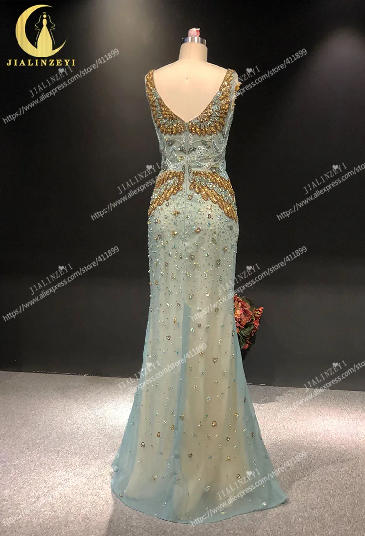 

JIALINZEYI Real Sample V neck Green Dress with Gold Beads Mermaid Floor Length Fromal dress Party Evening Dresses