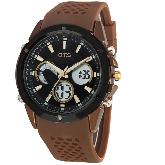 OTS спортивные часы dual time Авто Дата День светодиодный Будильник черный резиновый