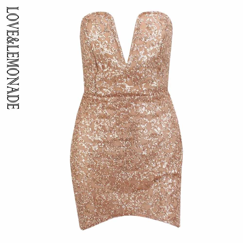 Love&Lemonade Sexy Gold V Collar Velvet Bead Material Slim Dress LM0325