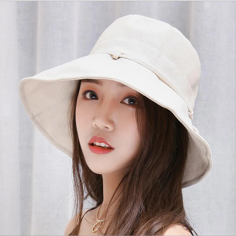 Кепка от солнца с бантом женская хлопковая пляжная Складная шапка широкими