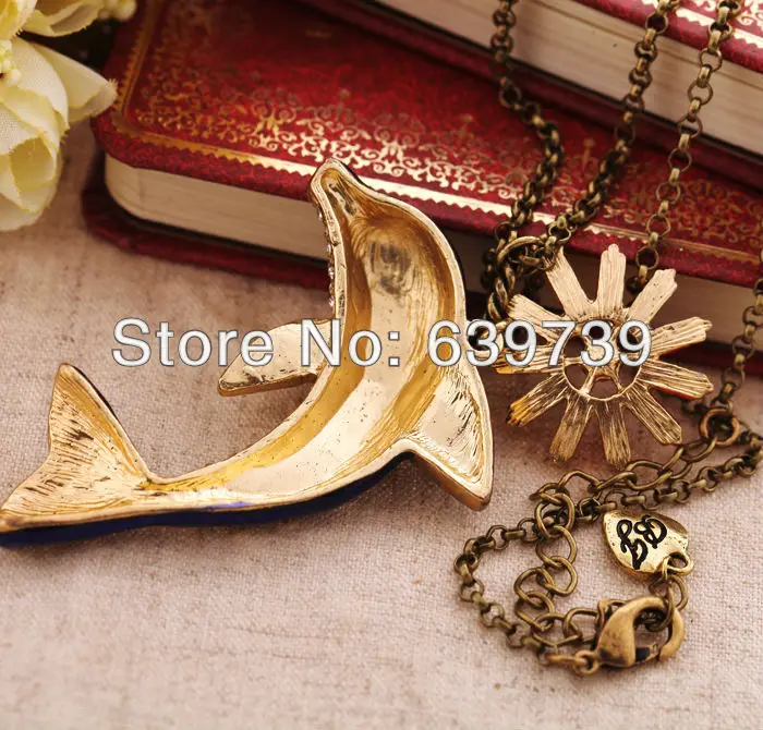 Объемная цена милый синий Дельфин оникс цветок кулон золотой цвет длинное