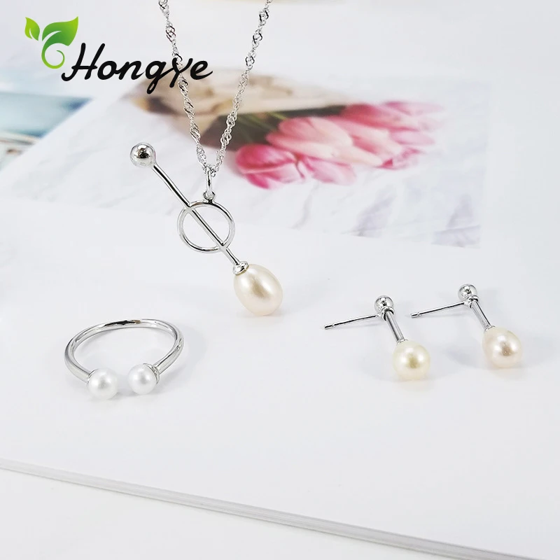 

Hongye Natural Pearl Set Female Personalized Stud Earrings Fashion Jewelry 925 Silver Anniversary Necklaces Adjustable Ring Kits