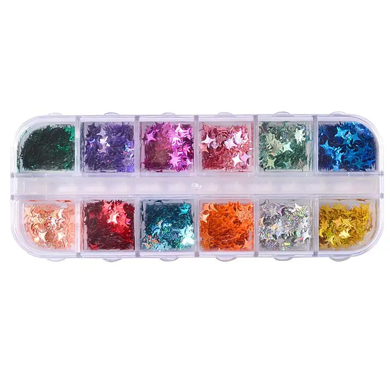 Mtssii 12 Colors/Set Four Angle Stars Shape Holographic Laser Nail Glitter Paillette Sequins 3d Manicure Decal Decorations | Красота и