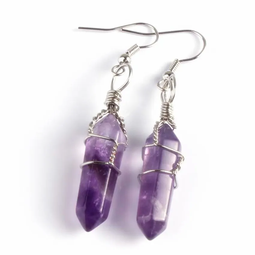 

100-Unique 1 Pair Silver Plated Wire Wrap Purple Amethysts Hexagonal Column Dangle Earrings Women Party Gift Jewelry