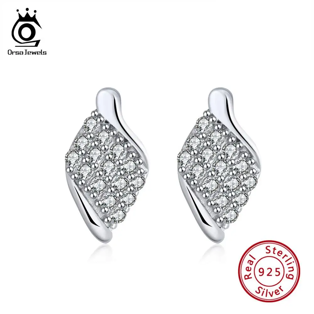 ORSA JEWELS, твердые 925 пробы серебряные серьги-гвоздики для женщин, милые в форме листа с ослепительным AAA CZ, Женские Ювелирные изделия для вечеринки SE113
