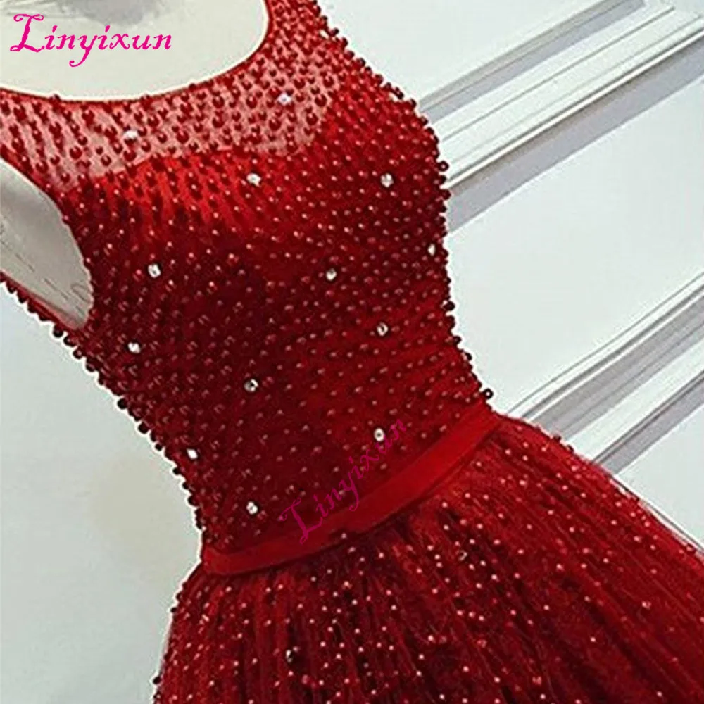 Robe de Soiree Longue, красные вечерние платья, жемчужные бусинки, элегантные длинные платья для выпускного вечера, v-образный вырез на спине, на заказ, женские платья с коротким шлейфом