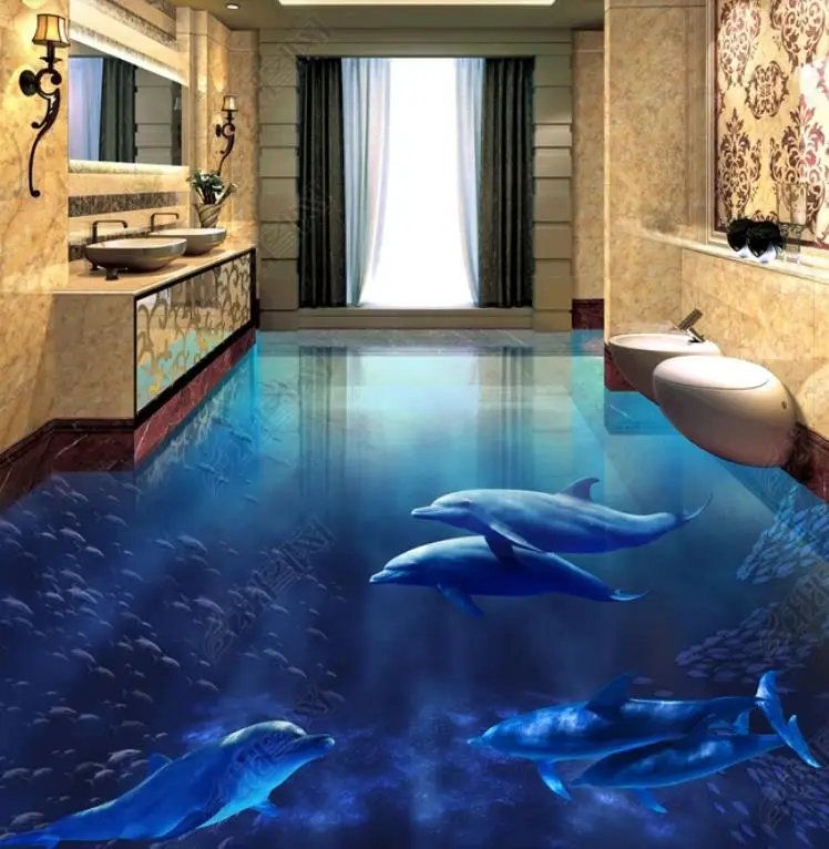 

3D Wallpaper Custom 3D flooring Dolphin Underwater Living room Bathroom 3d floor tile self adhesive papel de parede 3d