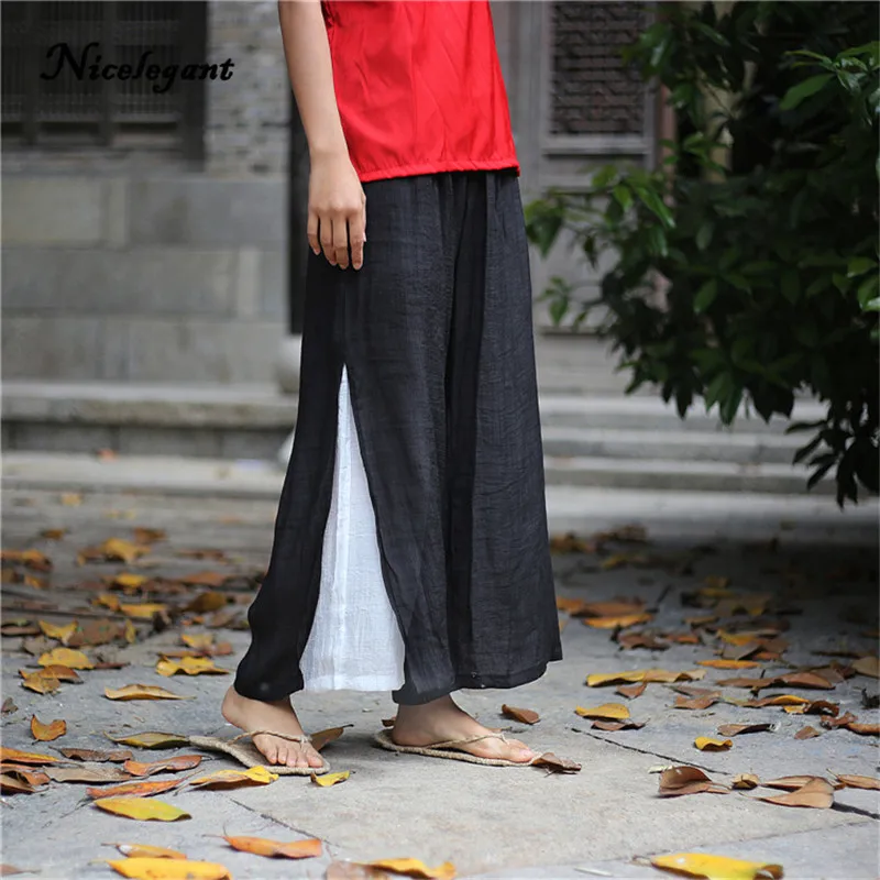 Поддельные два брюки свободные плюс Размеры Для женщин двойной сплошной Мягкая