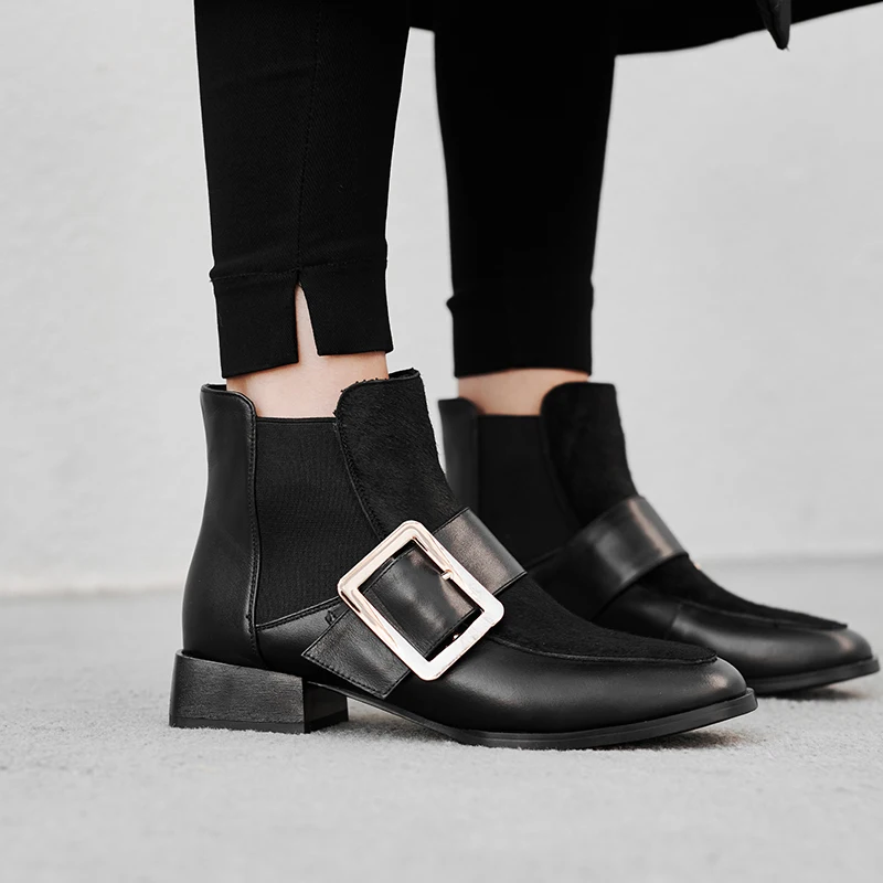Women's Genuine Leather Metal Buckle Slip-on Autumn Ankle Boots Brand Designer Horsehair Punk Short Booties Winter Shoes Women | Обувь
