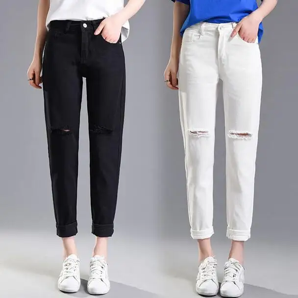 2019 весенние корейские джинсы с дырками женские классические шаровары высокой