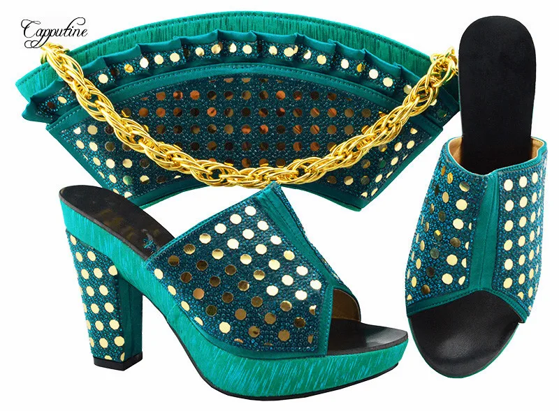 

Popular black slip on sandal shoes and purse bag set with stones for party MM1069 many color