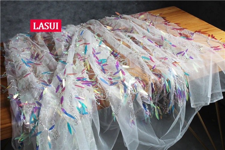 LASUI 1 ярд = 1 лот, 5 цветов, красивая кружевная ткань с кисточками и блестками, волшебное цветное платье с блестками для выступлений, вечернее платье W0096