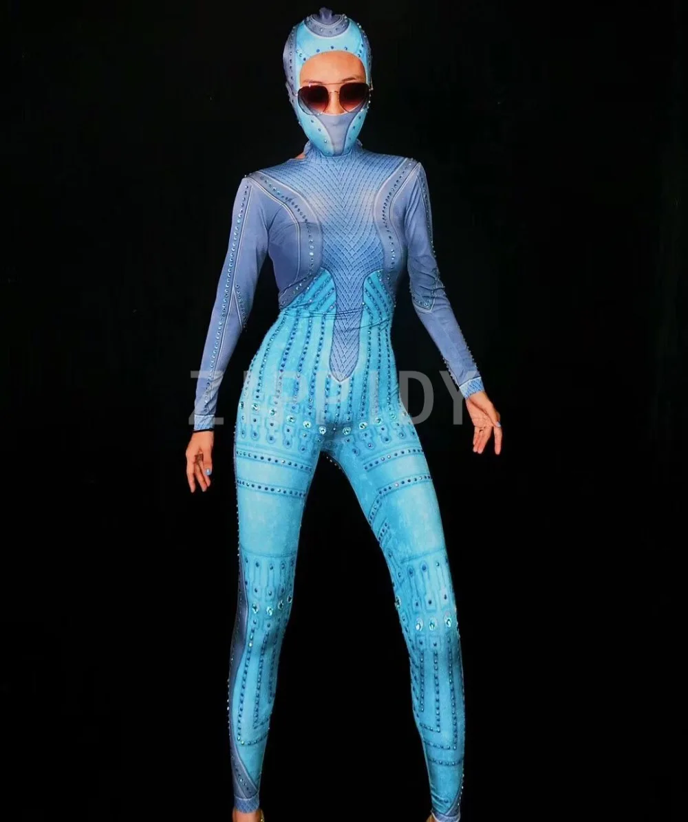 Sparkly Blue Crystals Stretch Jumpsuit Women's Dance Party Show Bodysuit One Piece Rhinestones Outfit Nightclub DJ Clothes