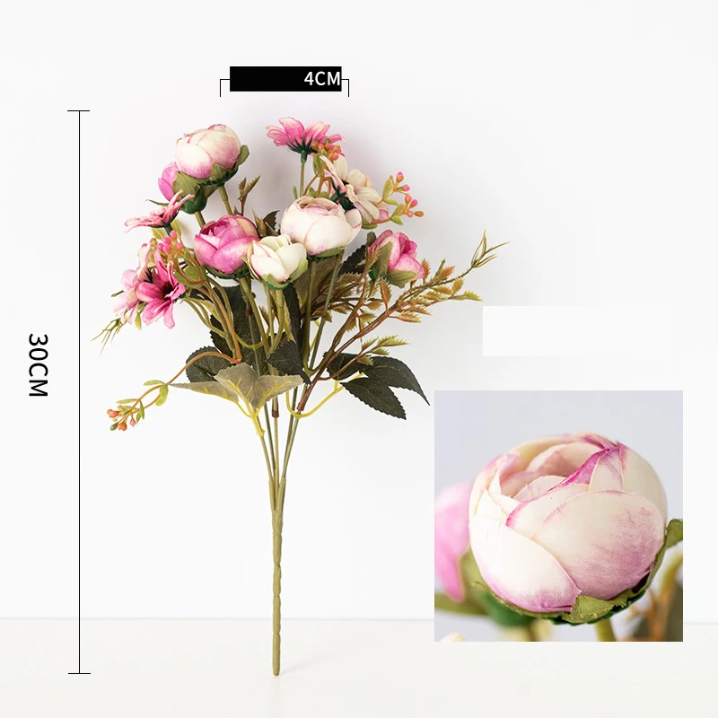 Fake Tea Rose Silk Flower Fall Gerbera Daisy Artificial Plastic Flower Pearl Bouquet For Wedding DIY Party Home Room Decoration