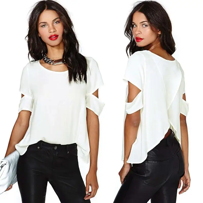 2018 Women Fashion Chiffon Sexy Blouse Wrap Back Cutout Short Sleeves O-Neck Casual Summer Tops White New Shirts |