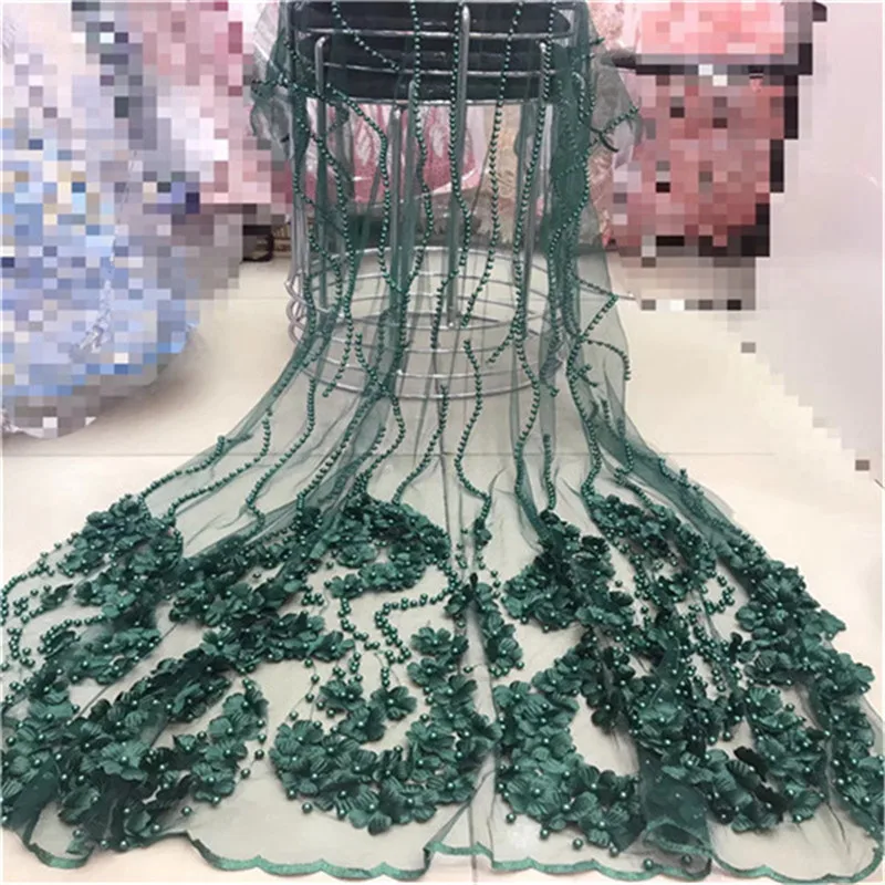 Новый дизайн 2018 африканской сетчатой кружевной ткани с бисером, высокое качество французской трехмерной сетки для женского платья.