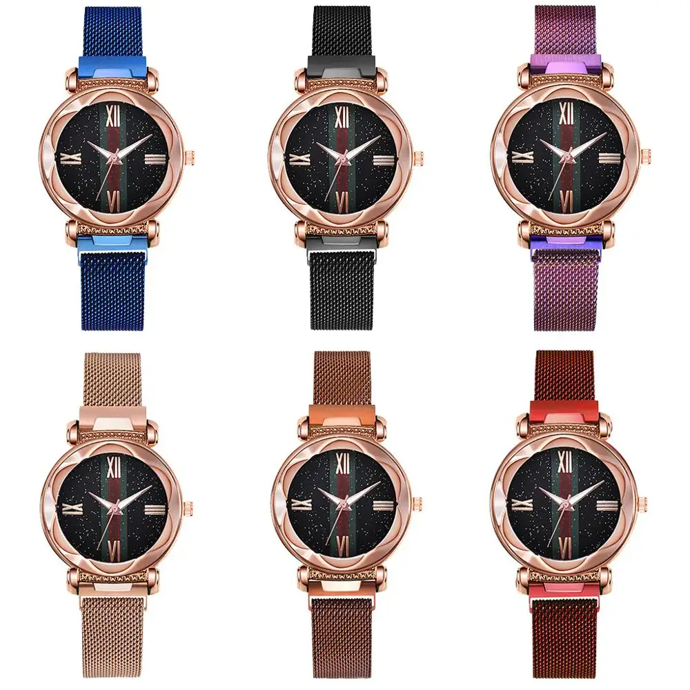 Luxury Rose Gold Watch Women Flower Surface Wrist Watches Fashion Starry Sky Magnetic Designer Ladies Quartz Clock Gift | Наручные часы