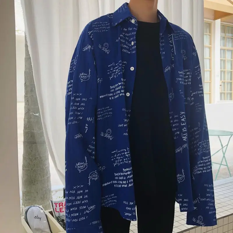 Рубашка мужская с длинным рукавом свободная повседневная принтом надписи в