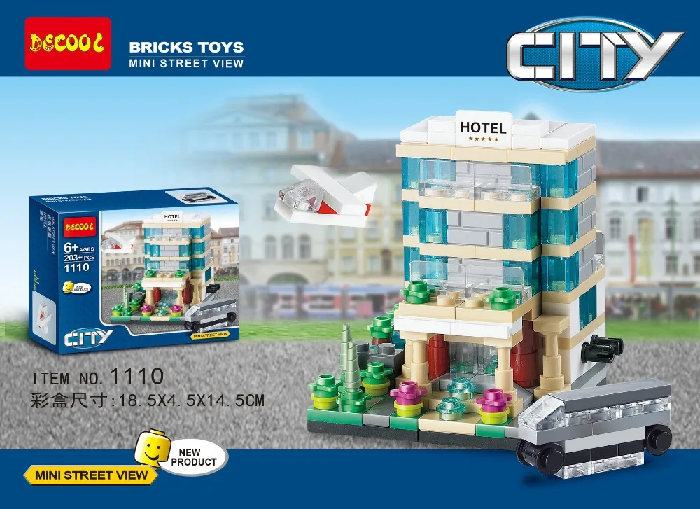 Nuevo 4 unids/lote decool 1110 1113 city mini street view hotel/estacion de tren строительные блоки sitemas del juguetes|building