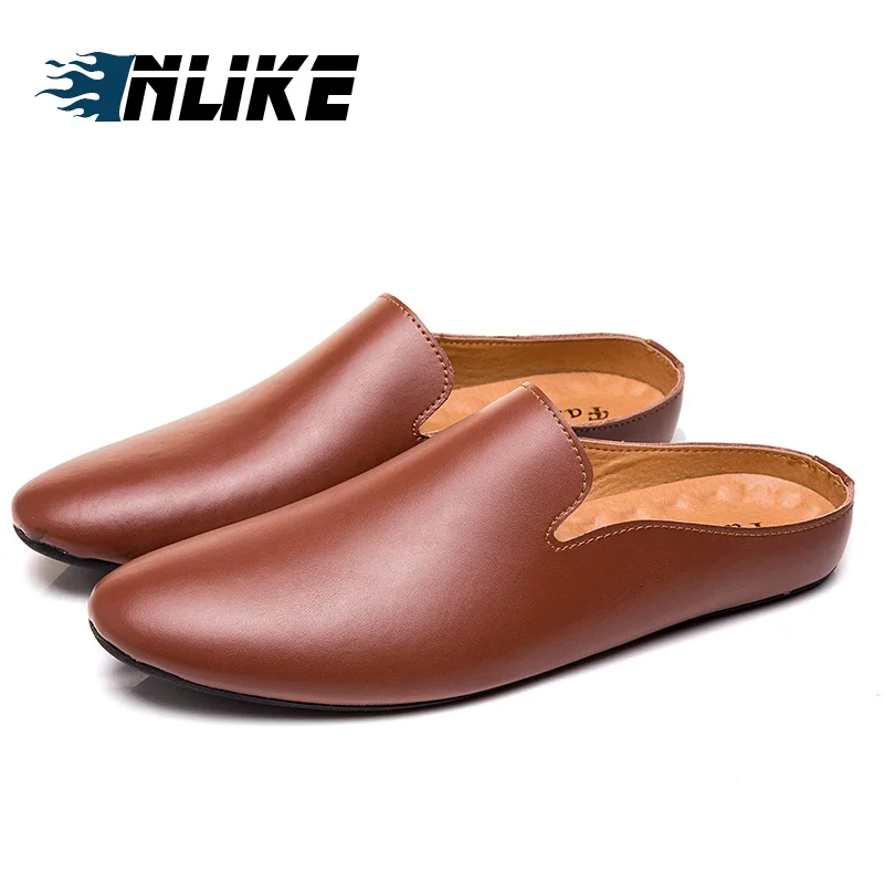 Мужские шлепанцы из натуральной кожи на плоской подошве|Тапочки| |