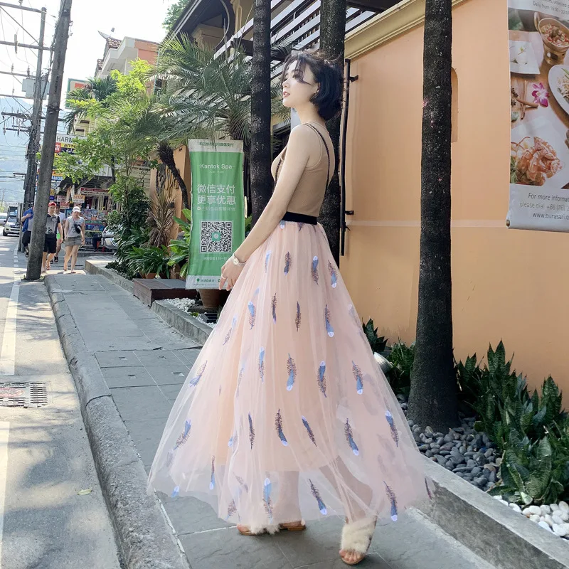 Летняя Boho 100 см длинная юбка из тюля с высокой талией женские юбки длиной до