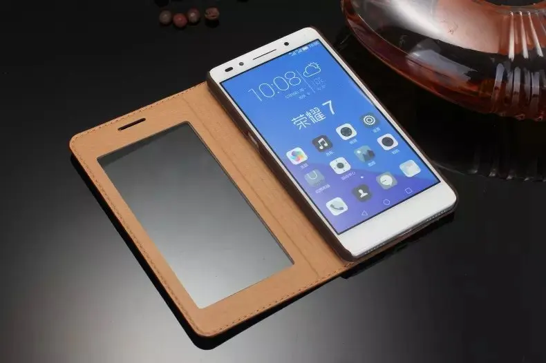 Чехол-книжка из 100% натуральной кожи для Huawei Honor 7 с окошком ультратонкий