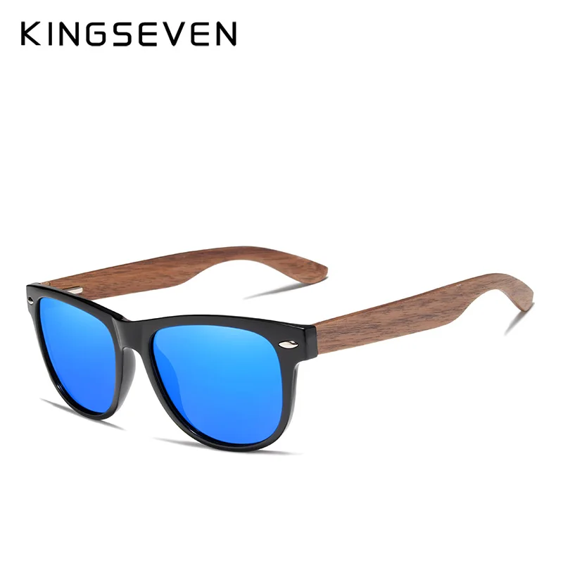 Blue walnut wood KINGSEVEN, ручная работа, черный орех, солнцезащитные очки, мужские, деревянные очки, женские, поляризационные, зеркальные, Ретро стиль, квадратный дизайн, Oculos de sol - Цвет линз: Blue walnut wood
