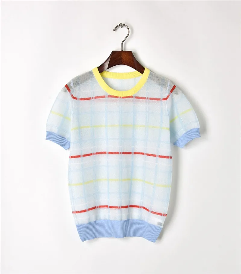 

2018 Summer New Thin Transparent Plaid Sweet Tees Short Sleeves Round Neck Ice Silk Knit T-shirts Women's Slim Knitted Tops