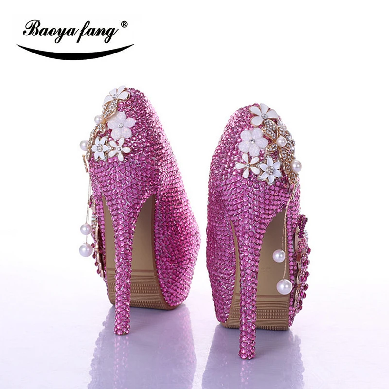 BaoYaFang/Роскошные Брендовые женские свадебные туфли с кристаллами Fuschia Туфли на