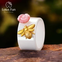 lotus fun real 925 sterling silver fine jewelry ceramic ring cute 18k gold bee kiss from a rose rings for women christmas gift