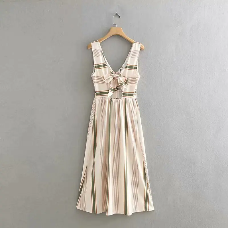 Женское милое Полосатое платье без рукавов с бантом и открытой спиной женское