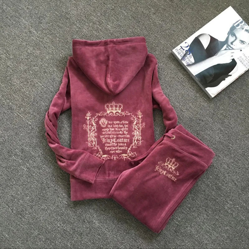 Magenta Спортивный костюм для женщин; сезон весна-осень; Новинка года; Повседневная модная одежда в европейском и американском стиле; цвет золотой, коралловый; бархатная Осенняя спортивная одежда - Цвет: Magenta
