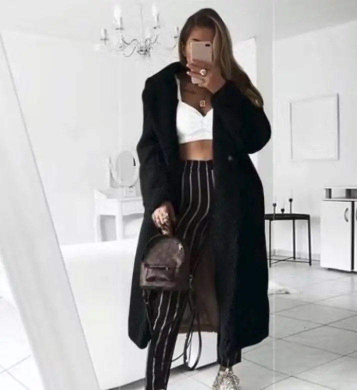 Женское шерстяное пальто explosion длинное однотонное с отворотом и искусственным