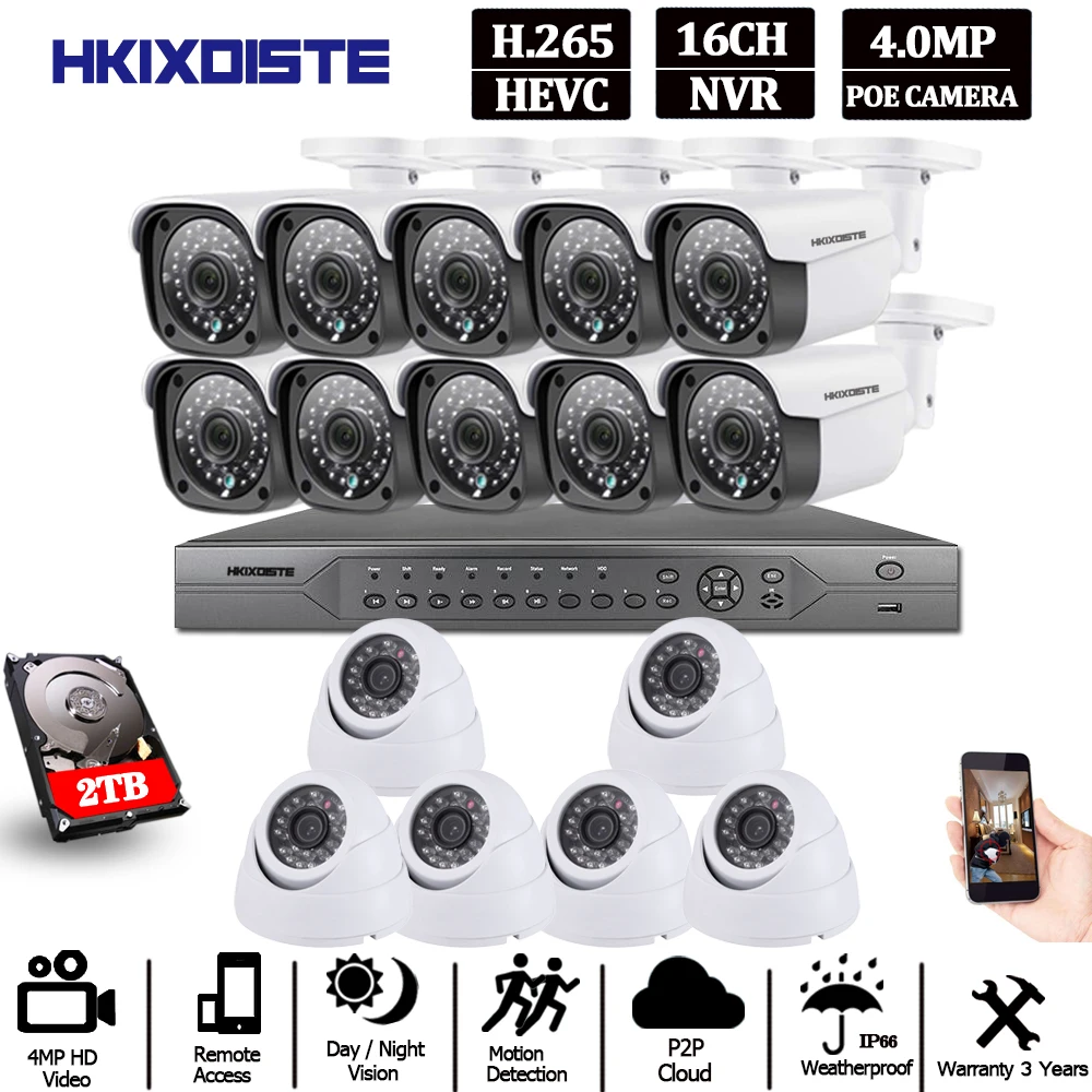 H.265 16CH cctv системы камеры видеонаблюдения nvr 4K 5MP ultra hd Водонепроницаемая 4.0MP