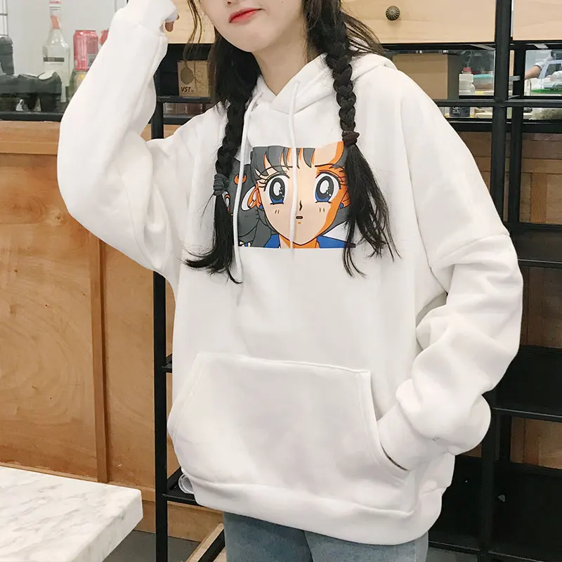 Harajuku Kawaii Сейлор Мун Толстовки Для женщин передний карман с рисунком капюшоном