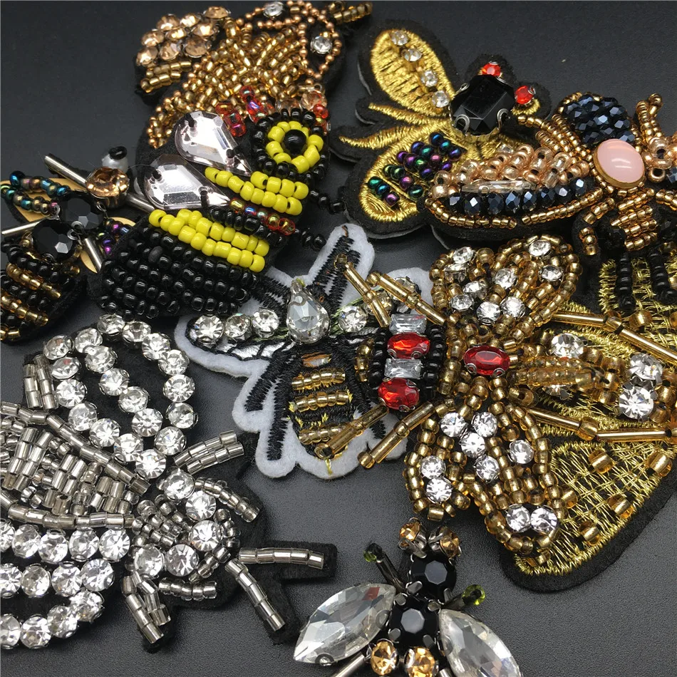 3D Handmade Rhineston beaded Patches FASHION BEES Sew on sequined patch for clothing beading Applique cool | Дом и сад