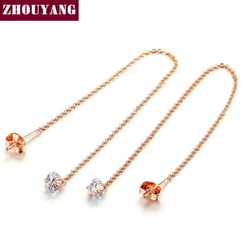 ZHOUYANG серьги-цепочки для женщин, 6 мм, кубический цирконий, длина 11 см, сережки, розовое золото, модное ювелирное изделие, подарок ZYE549 ZYE100 - Окраска металла: Покрытие из розового золота