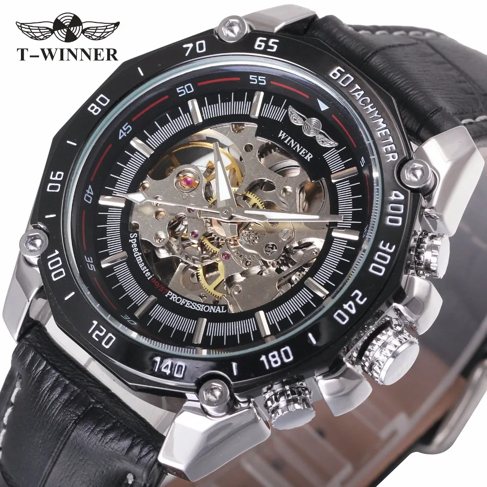 WINNER Cool Black мужские модные автоматические механические часы кожаный ремешок супер