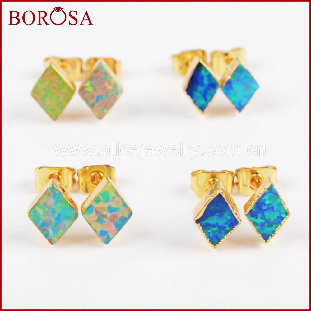 

BOROSA 5 пар стильные золотистые ромбические белые и синие японский опал серьги-гвоздики для женщин Друза ювелирные изделия дропшиппинг G1421