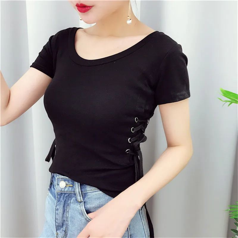 2017 Solid Short Sleeve Women O-Neck Top Tees Lace Up Casual Slim Female Femmes T-Shirt | Женская одежда